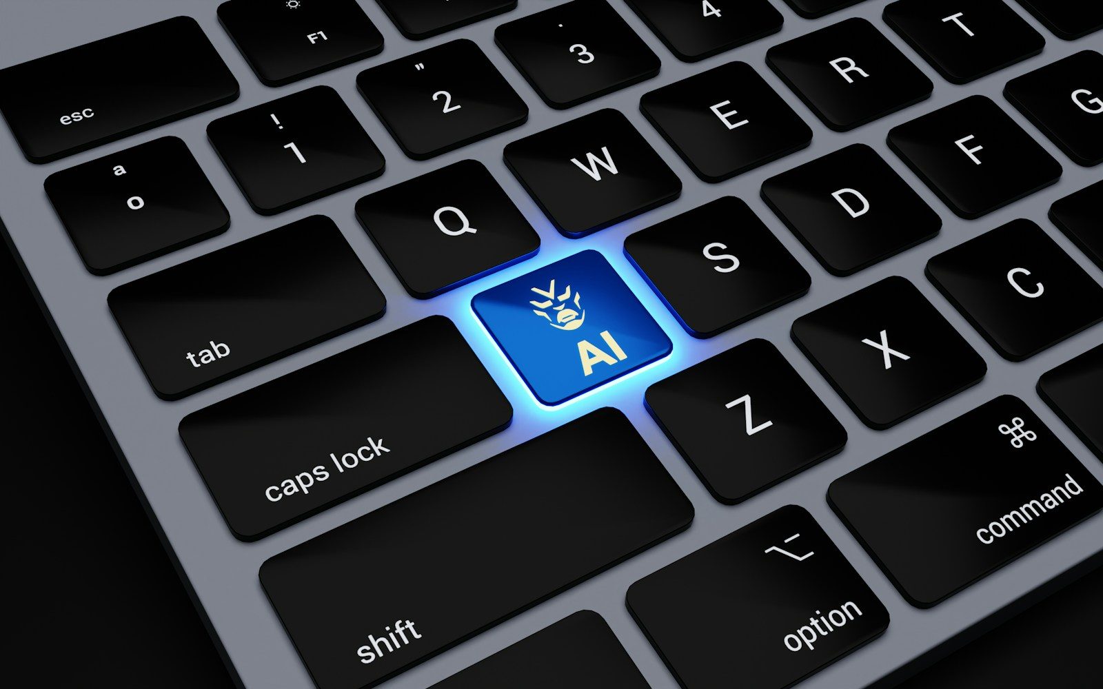 A glowing blue key labeled AI on a black computer keyboard