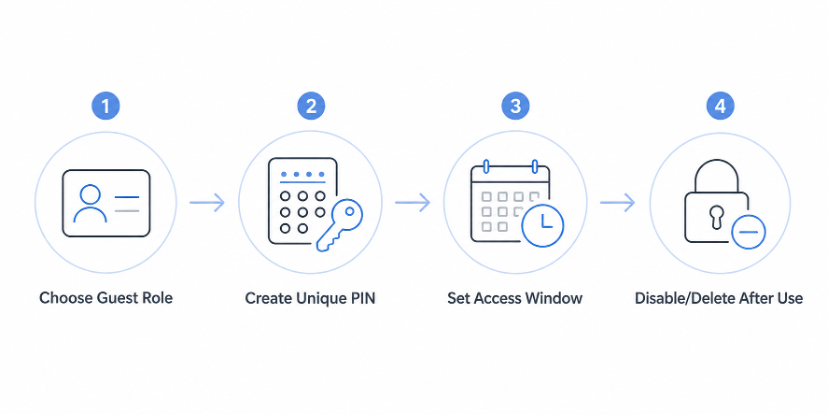 Four-step guest access workflow showing role selection, passcode creation, schedule setup, and post-visit disable or delete