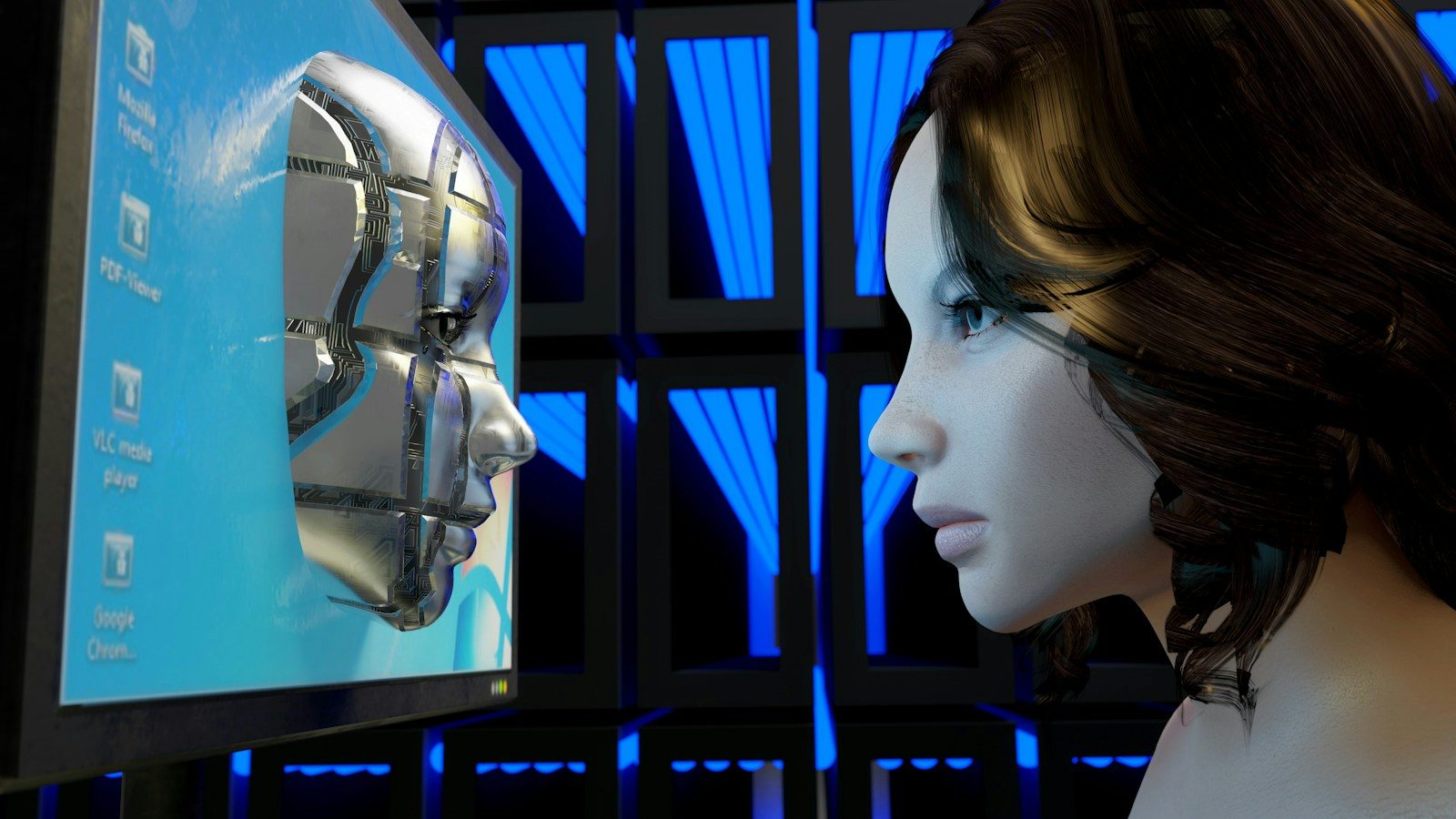 a female mannequin is looking at a computer screen